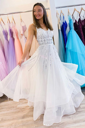 White V neck Tulle Sequina Long Prom Dress A Line Evening Dress INQ50