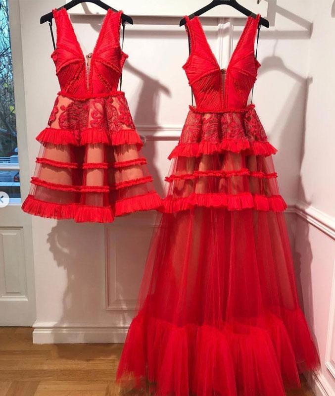 Charming Red V Neck Tulle Long Prom Dress, Evening Ddress INP62