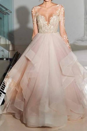 Elegant A-Line Long Sleeves Tulle Backless Pink Wedding Dresses With Appliques IN543