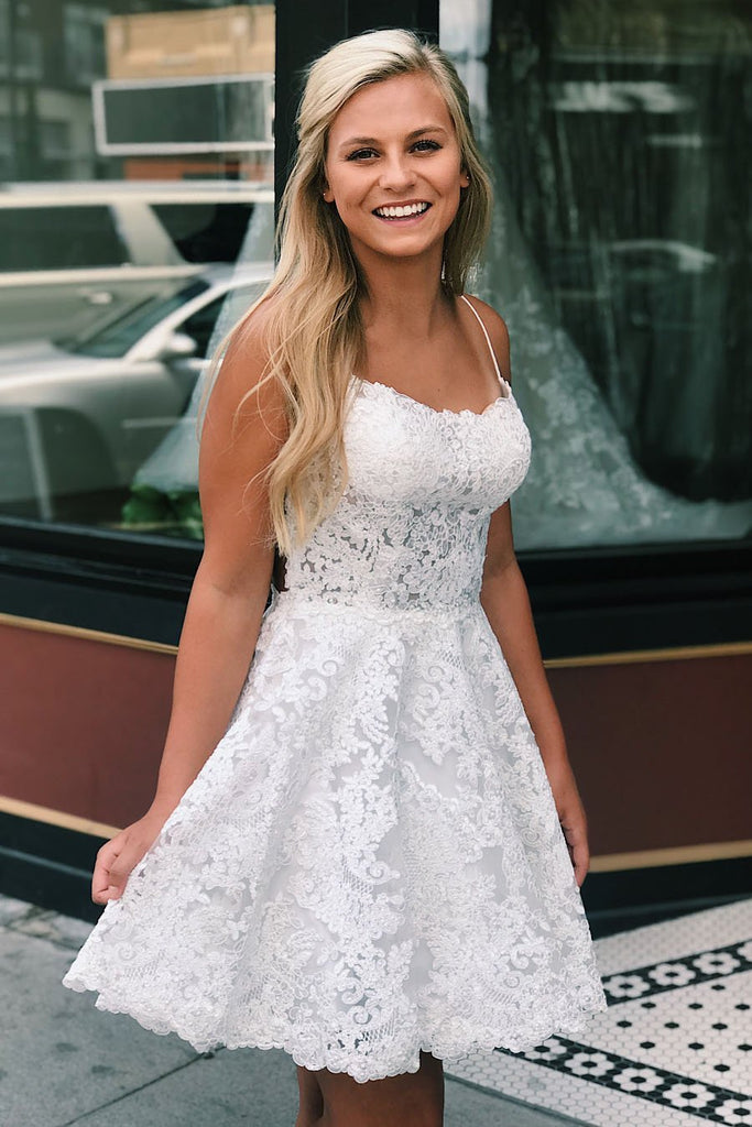 Spaghetti Straps Criss Cross Back A Line Lace Homecoming Dresses INO76