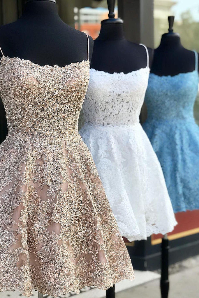 Spaghetti Straps Criss Cross Back A Line Lace Homecoming Dresses INO76