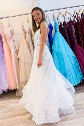 White V neck Tulle Sequina Long Prom Dress A Line Evening Dress INQ50