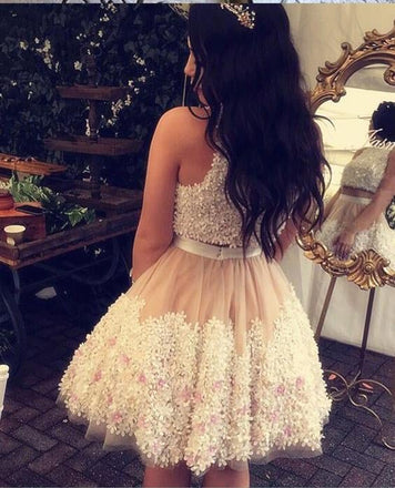 Cute Tull Flower Lace Appliques Short Prom Dress,Two Pieces Homecoming Dresses IN464