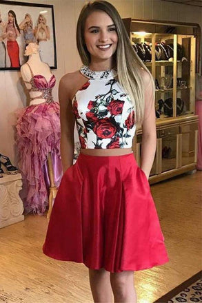 Two Pieces Red Floral Homecoming Dresses With Pockets INL80