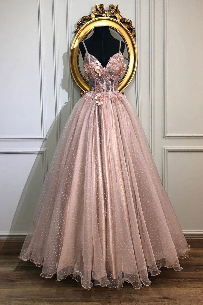 Pink Spaghetti Straps Tulle Appliques Long Prom Dresses A Line Formal Party Dress INS65