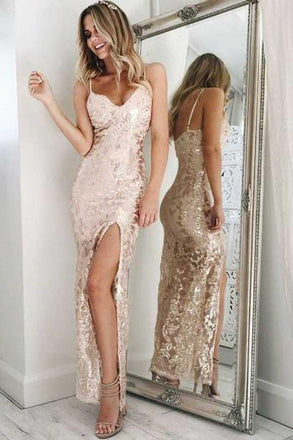 Mermaid Spaghetti Straps Pearl Pink Sequined Split Sexy Prom Dress INE86
