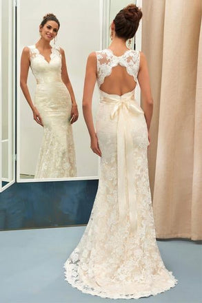 Charming Ivory V Neck Lace Sheath Open Back Wedding Dress With Sashes IN545