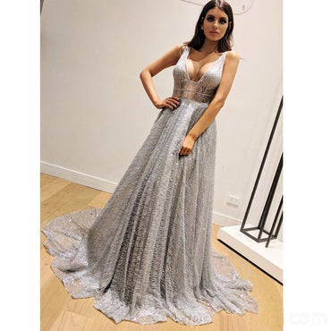 A-Line Sleeveless Silver Long Prom Dresses, V Neck Sleeveless Prom Gown INP78