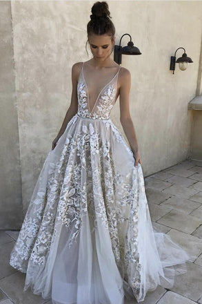 Elegant A Line Deep V-Neck Ivory Tulle Long Prom Dress with Lace Appliques INI39