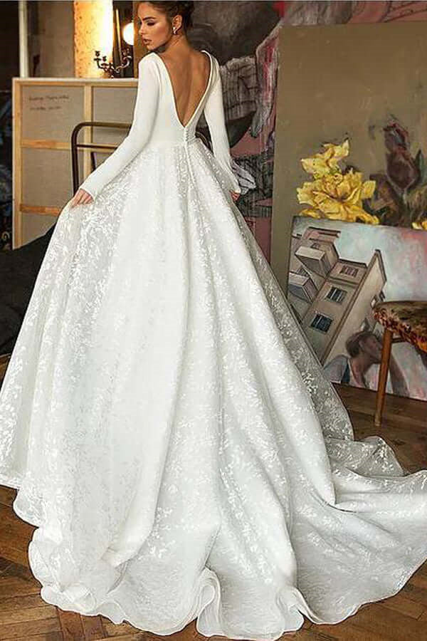 A-line V-neck Long Sleeves Wedding Dresses With Court Train, Bridal Gown IN1807