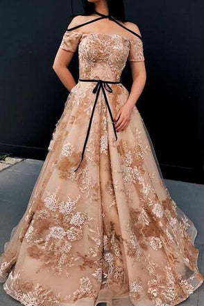 A-line Off The Shoulder Lace Appliques Unique Long Prom Dresses INF26