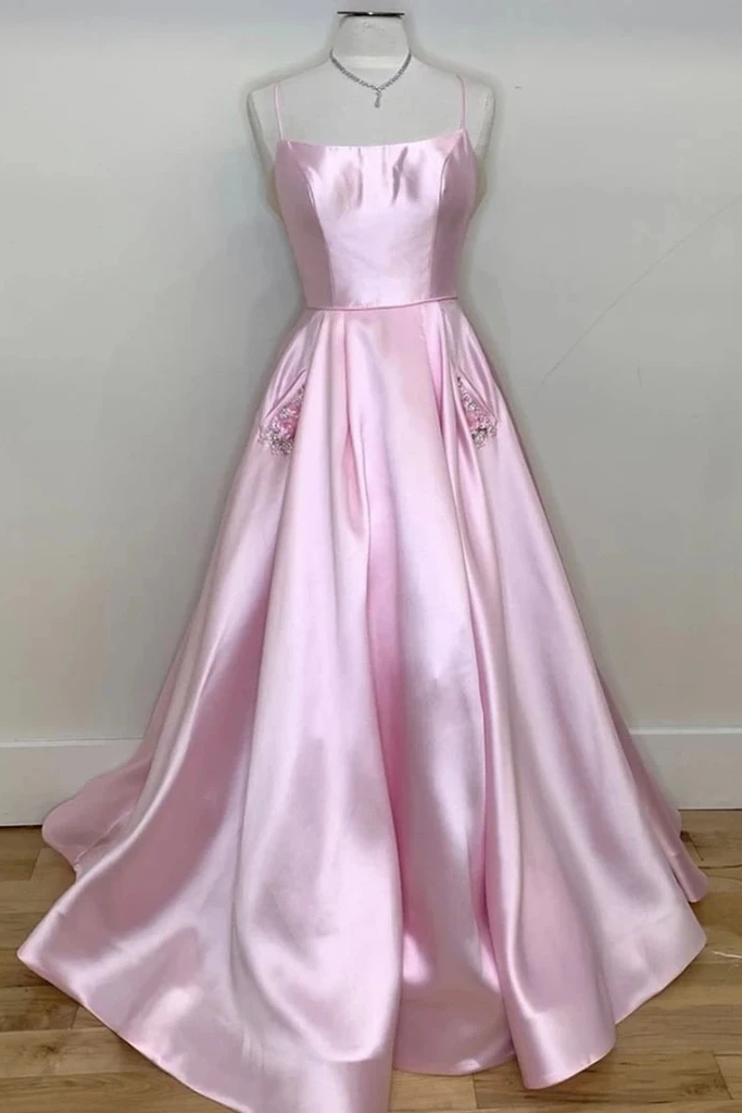 A-line Spaghetti Straps Pink Long Prom Dress With Pockts Satin Simple Evening Dress INS93