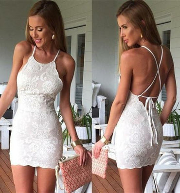 Sexy Sheath Mini Party Dresses,White Lace Short Homecoming Dress IN461