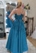 A Line Blue Lace Appliques Long Prom Dresses with Belt, Formal Evening Dresses IN1821
