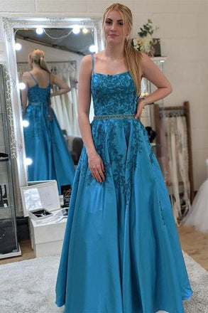 A Line Blue Lace Appliques Long Prom Dresses with Belt, Formal Evening Dresses IN1821