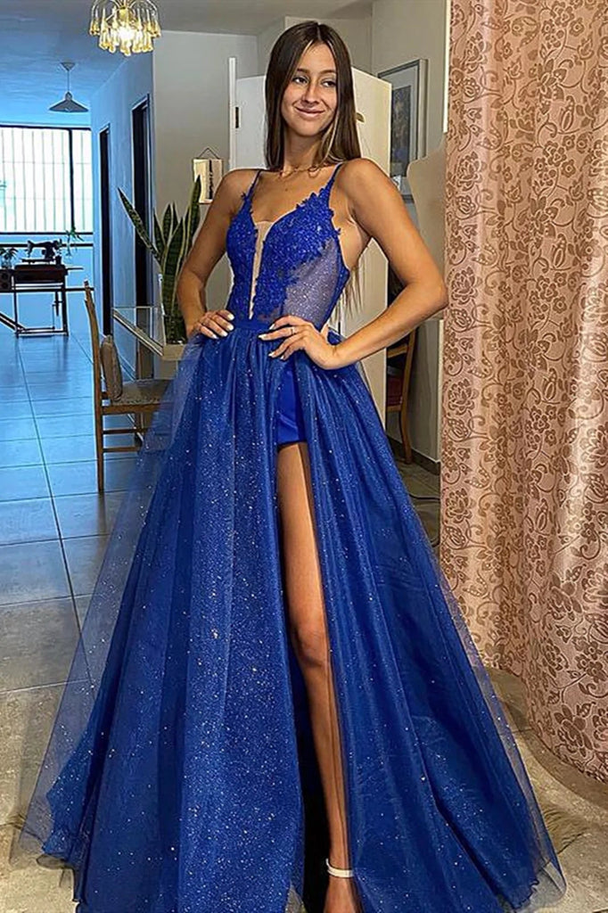 A Line V Neck Royal Blue Lace Prom Dresses Formal Evening Dresses