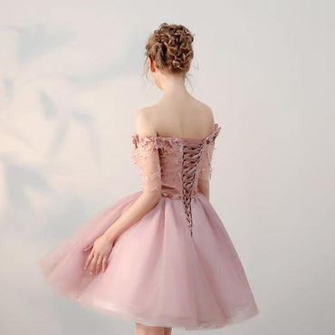Chic Short Pearl Pink Off-the-shoulder Homecoming Dress,Tulle Cheap Prom Dresses IN511