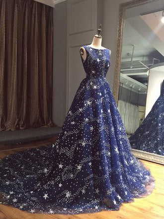 Chic A-line Ball Gown Dark Navy Sweep Train Tulle Modest Rhinestone Long Prom Dresses IN500