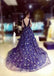 Chic A-line Ball Gown Dark Navy Sweep Train Tulle Modest Rhinestone Long Prom Dresses IN500