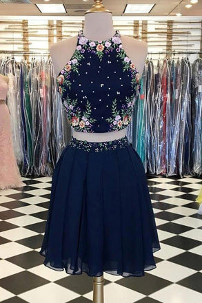 Two Pieces Dark Navy Scoop Floral Elegant Short Prom Dresses,Homecoming Dress IND46
