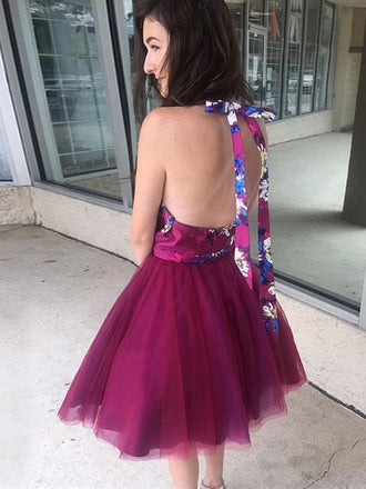 Chic A-line Fuchsia Short Prom Dress Halter Homecoming Dresses Cocktail Dress INE14