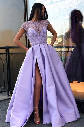 Light Purple A Line Satin Slit Cap Sleeves Prom Dresses With Pockets INE52