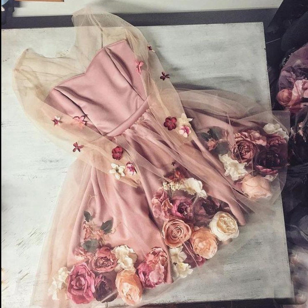 A Line Round Neck Long Sleeves Flower Short Homecoming Dresses With Flowers INM66