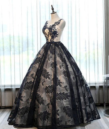 Ball Gown Black Lace Long Prom Dresses With Applique IN897