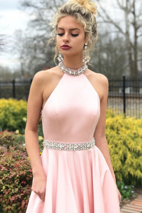 Fashion A-line Pink High Neck Sexy Back Cheap Beading Prom Dress INA15