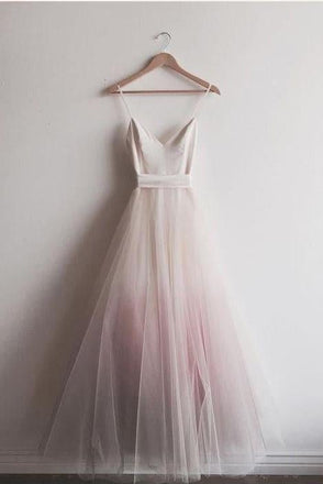 Charming Ombre A-line Spaghetti Straps Tulle Blush Long Prom Dresses IND71