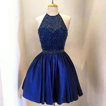 Royal Blue A Line Taffeta Beaded Bodice Halter High Neck Homecoming Dresses IN371