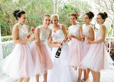 A-Line Light Pink Tulle Knee Length Bridesmaid Dress with Lace ING64