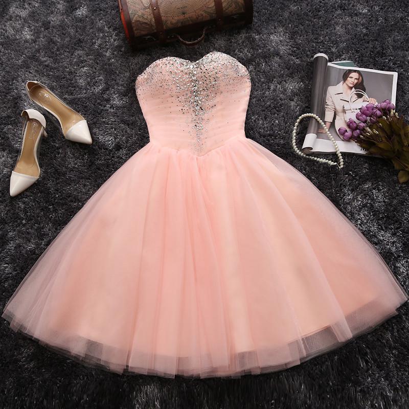 Strapless Sweetheart Blush Pink Beading Tulle Short Homecoming/Prom Dresses IN303