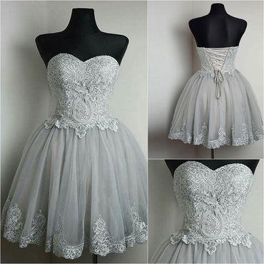 New Strapless Sweetheart Neck Grey Homecoming Dresses Lace Appliqued Short Prom Dresses IN369