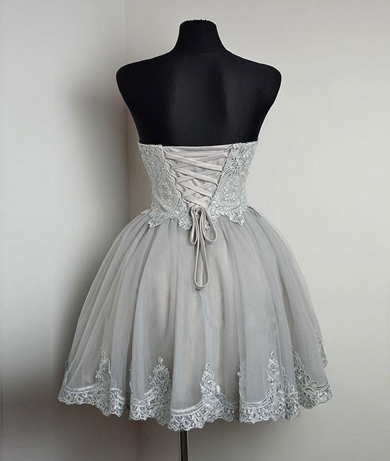 New Strapless Sweetheart Neck Grey Homecoming Dresses Lace Appliqued Short Prom Dresses IN369