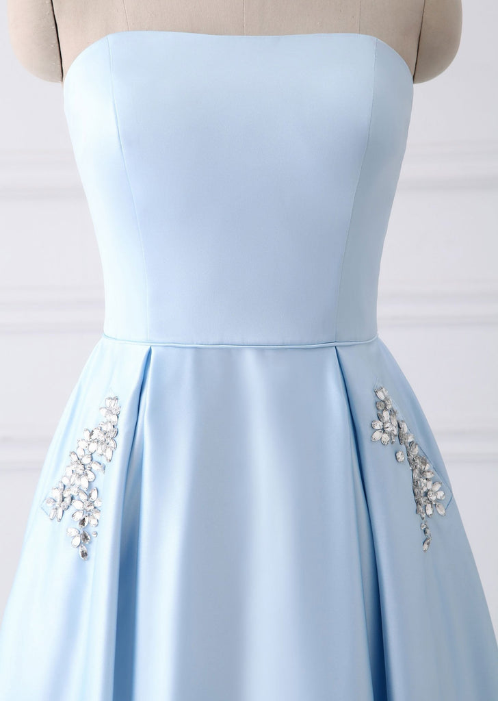 Simple A-line Strapless Long Crystal Light Blue Cheap Prom Dresses with Pocket IN669
