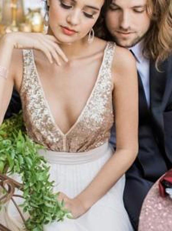 Gold Sequin Chiffon Backless Simple Beach Wedding Dresses with Sash INF2