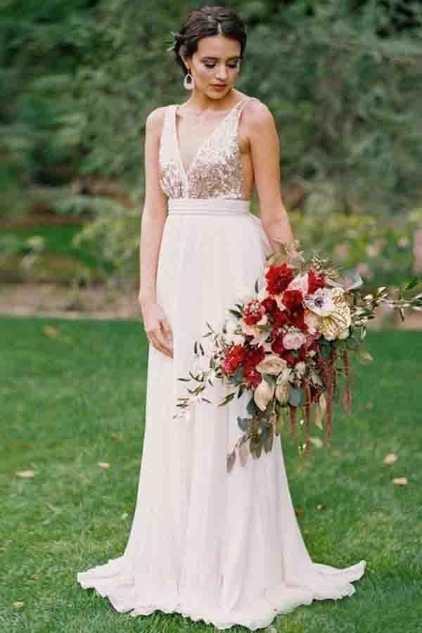 Gold Sequin Chiffon Backless Simple Beach Wedding Dresses with Sash INF2
