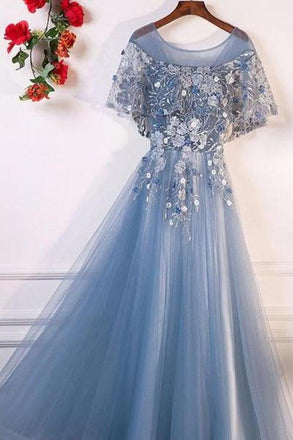 A-Line Blue Tulle Short Sleeves Long Lace Up Formal Evening Prom Dresses INF29