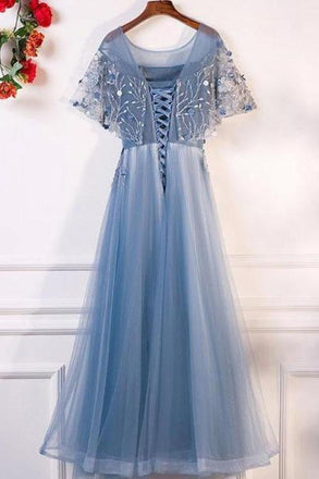 A-Line Blue Tulle Short Sleeves Long Lace Up Formal Evening Prom Dresses INF29
