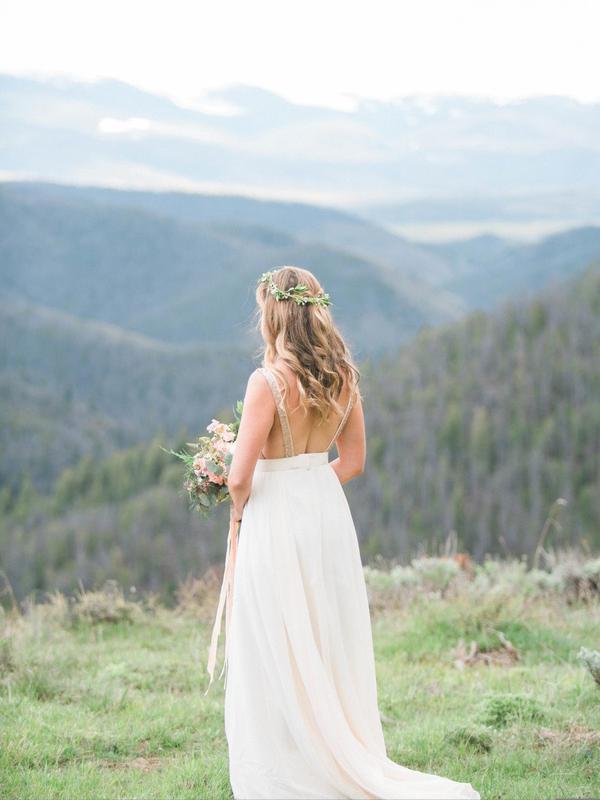 Gold Sequin Chiffon Backless Simple Beach Wedding Dresses with Sash INF2
