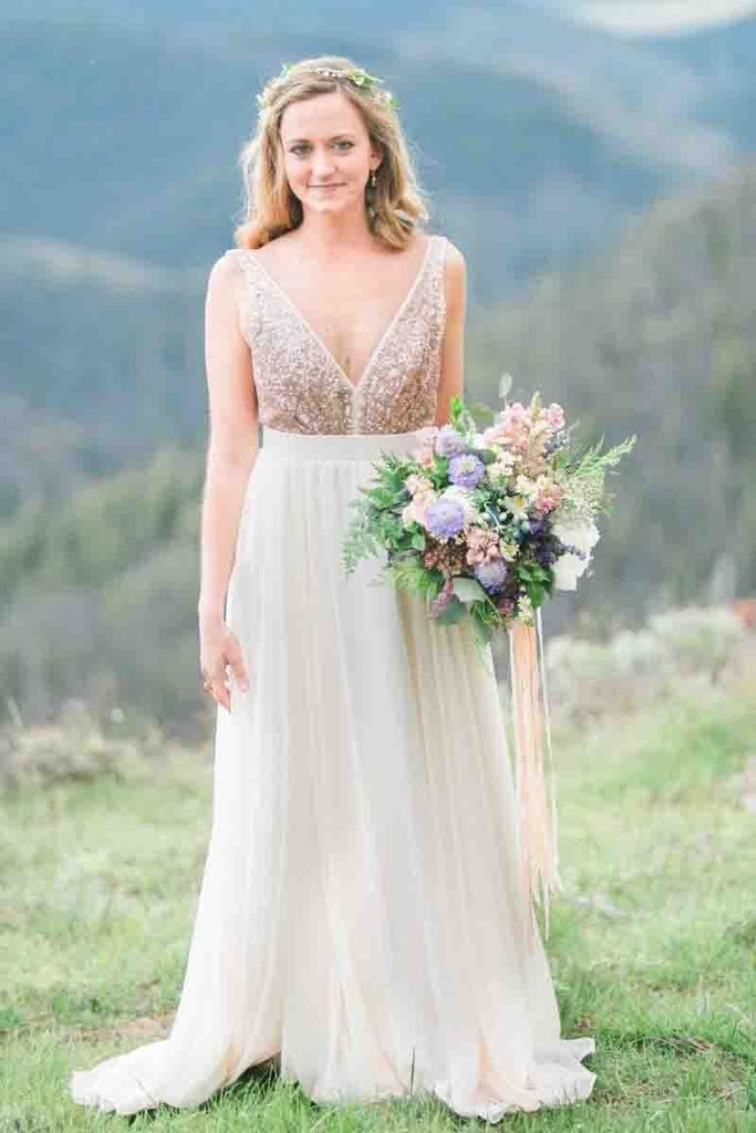 Gold Sequin Chiffon Backless Simple Beach Wedding Dresses with Sash INF2