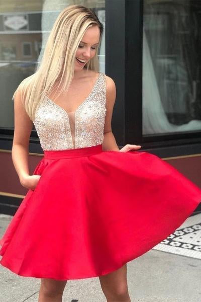 A Line V Neck Sleeveless Homecoming Dress, Beading Satin Short Prom Dresses INN41