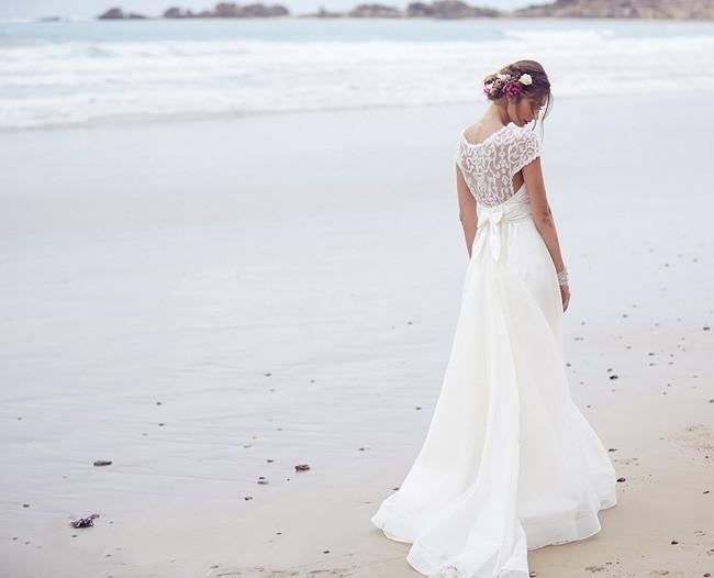 Elegant Lace A Line Round Neck Long Ivory Beach/Coast Wedding Dress IN267