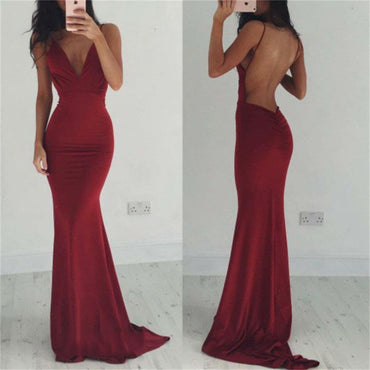 Sexy Burgundy Mermaid Long Spaghetti Straps Prom Dresses IND81