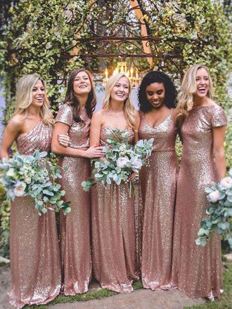Mismatched Rose Gold A Line Sequin Long Bridesmaid Dresses IND57