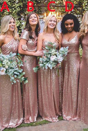 Mismatched Rose Gold A Line Sequin Long Bridesmaid Dresses IND57