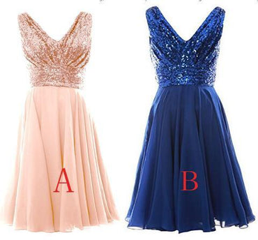 Cute Blush Pink V Neck Sleeveless Chiffon Short Bridesmaid Dress with Rose Gold Sequins IND59