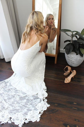 Romantic Boho Backless Lace Mermaid Long Wedding Dress INC81