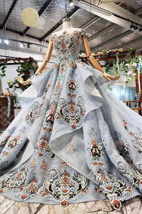 Ball Gown Light Blue Cap Sleeve Long Prom Dresses, Beaded Lace up Quinceanera Dresses INN75